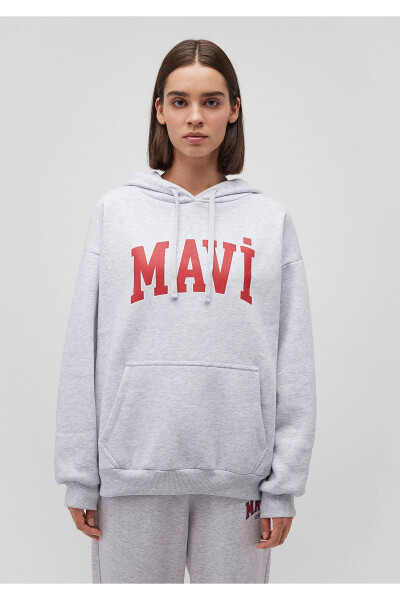 Hooded Grey Sweatshirt with Logo Print 1600361-85438 - 9