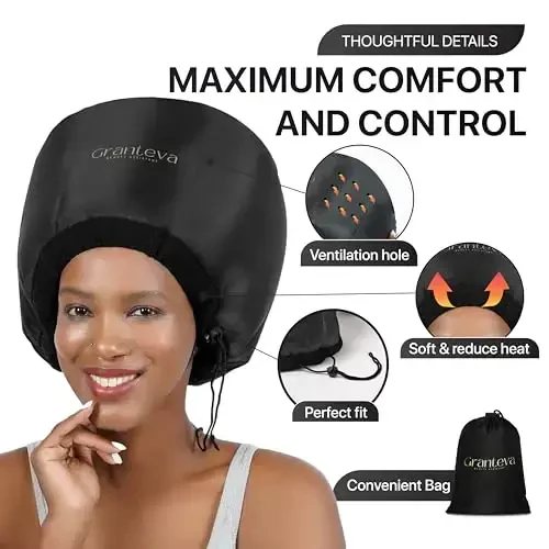 Hooded Hair Dryer w/A Headband Integrated That Reduces Heat Around Ears & Neck - Hair Dryer Hooded Diffuser Cap for Curly, Speeds Up Drying Time, Safety Deep Conditioning at Home - Portable, Large 