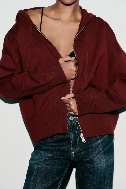 HOODED KNIT SWEATSHIRT-Wine color - 3