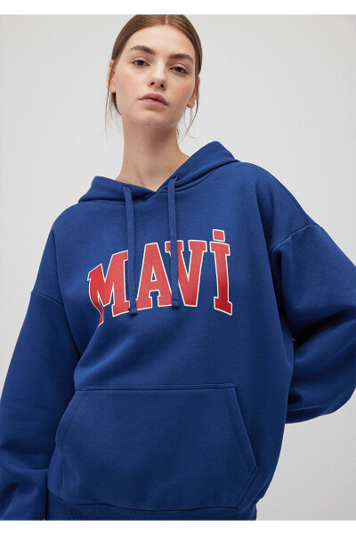 Hooded Navy Sweatshirt with Logo Print 1600361-82625 - 1