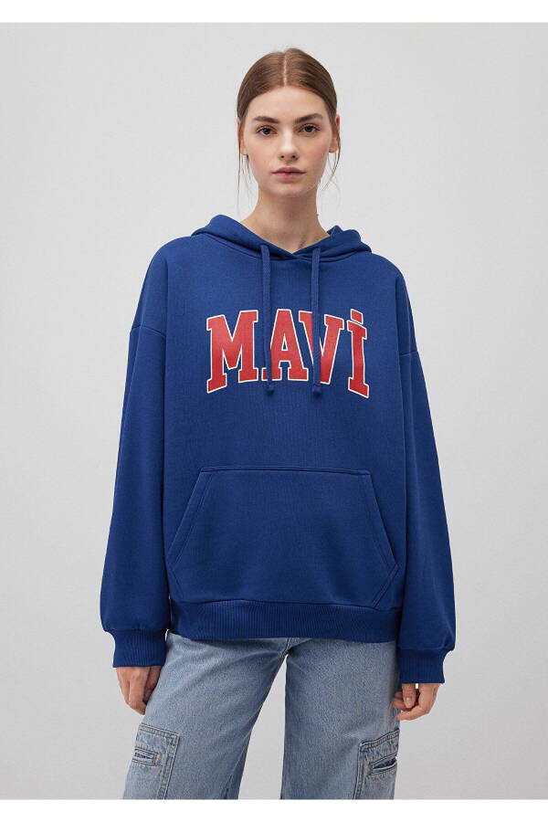 Hooded Navy Sweatshirt with Logo Print 1600361-82625 - 3