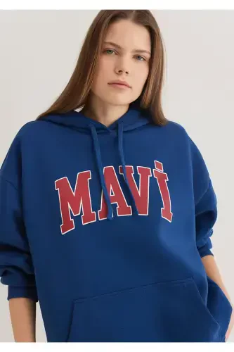 Hooded Navy Sweatshirt with Logo Print 1600361-82625 - 3