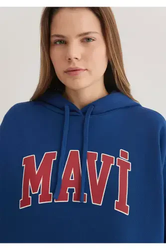 Hooded Navy Sweatshirt with Logo Print 1600361-82625 - 6
