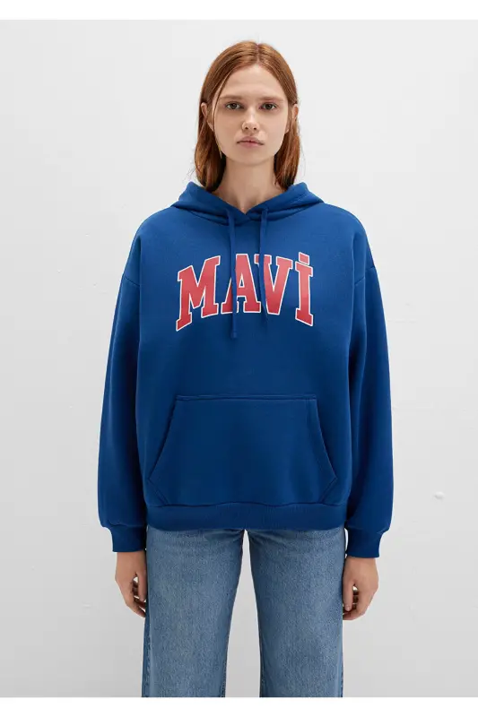 Hooded Navy Sweatshirt with Logo Print 1600361-82625 - 3