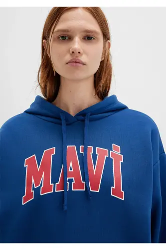 Hooded Navy Sweatshirt with Logo Print 1600361-82625 - 5