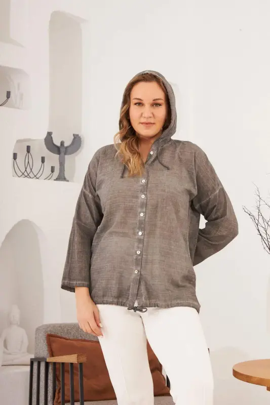 Hooded Oversize Smoked Wash Shirt - BÜYÜKBEDENIZ