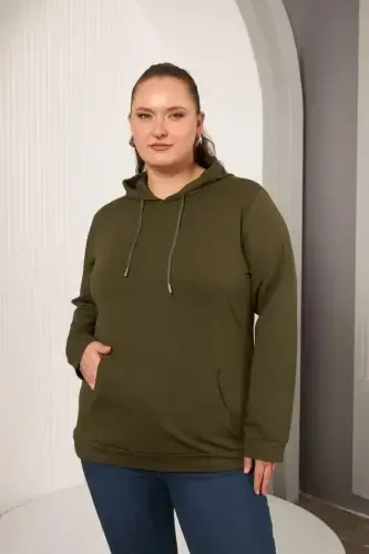 Hooded Oversized Khaki Sweatshirt - BÜYÜKBEDENIZ (1)