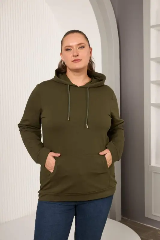 Hooded Oversized Khaki Sweatshirt - BÜYÜKBEDENIZ