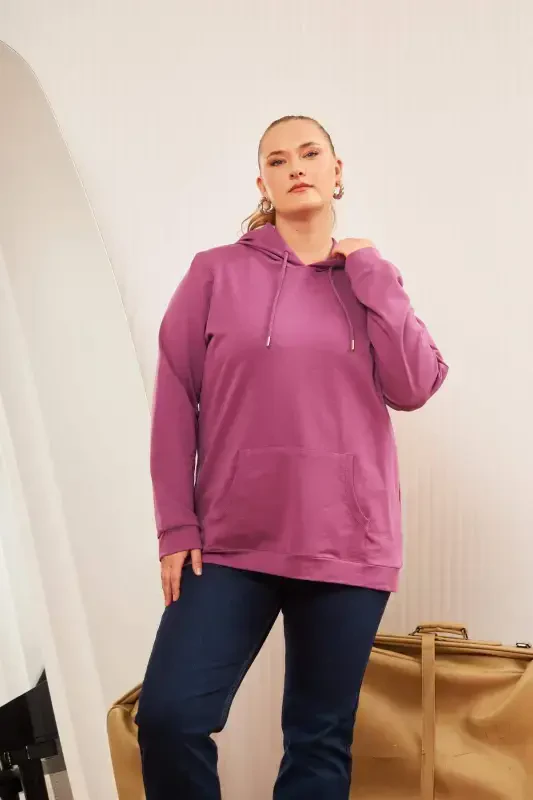 Hooded Plus Size Burgundy Sweatshirt - BÜYÜKBEDENIZ