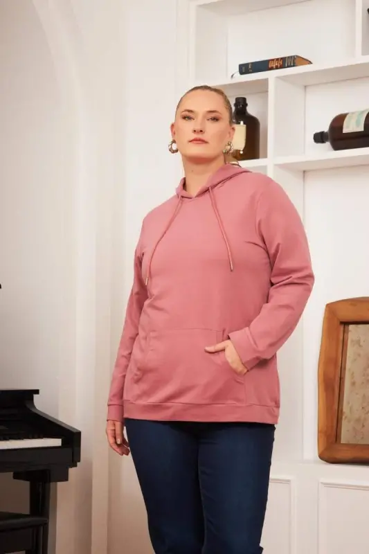 Hooded Plus Size Dusty Rose Sweatshirt - BÜYÜKBEDENIZ