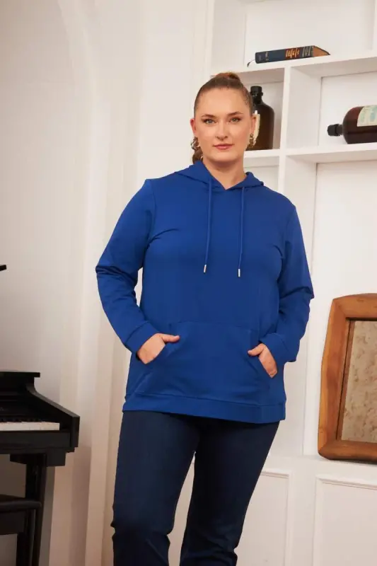 Hooded Plus Size Teal Sweatshirt - BÜYÜKBEDENIZ