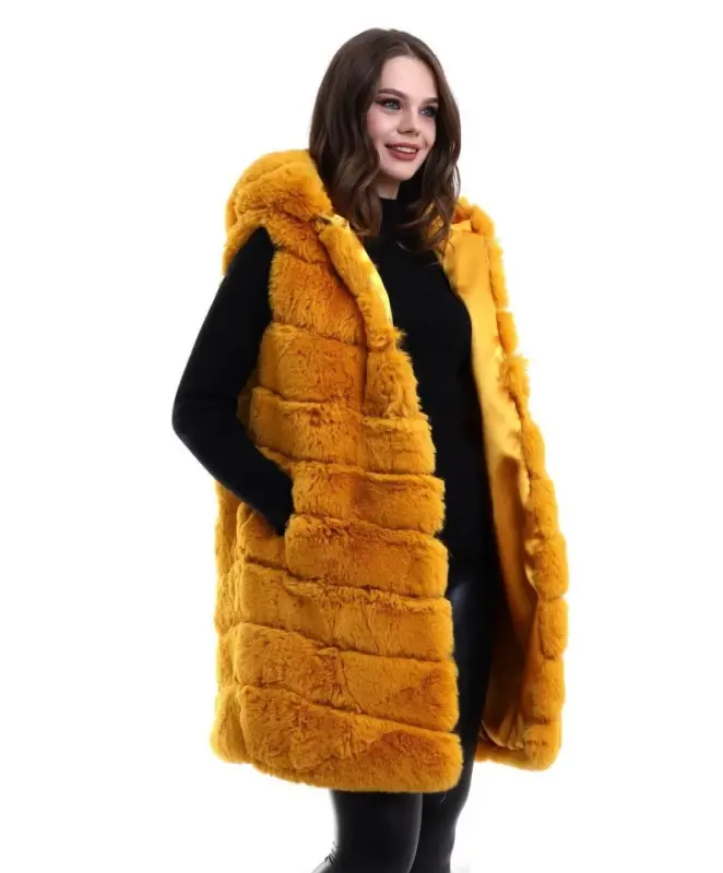 Hooded Plush Fur Vest Premium Quality, Fully Lined, Long Model - Yellow - 1