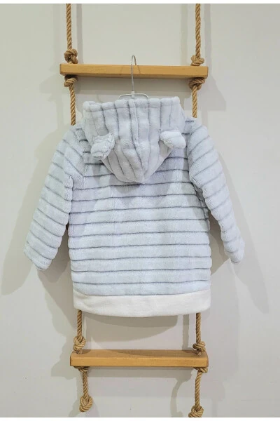 Hooded Plush Welsoft Boys-Girls Kids-Baby Hoodie-Jacket /White Striped - ALPAR TEKSTIL