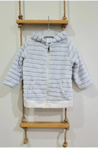 Hooded Plush Welsoft Boys-Girls Kids-Baby Hoodie-Jacket /White Striped - ALPAR TEKSTIL (1)