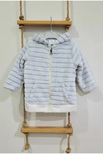 Hooded Plush Welsoft Girls-boys Children-baby Cardigan-jacket /white Striped - White-gray - ALPAR TEKSTIL (1)