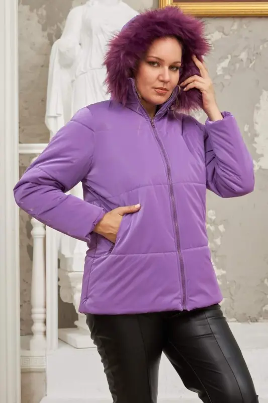 Hooded Shiny Fabric Plus Size Purple Puffer Jacket - 2