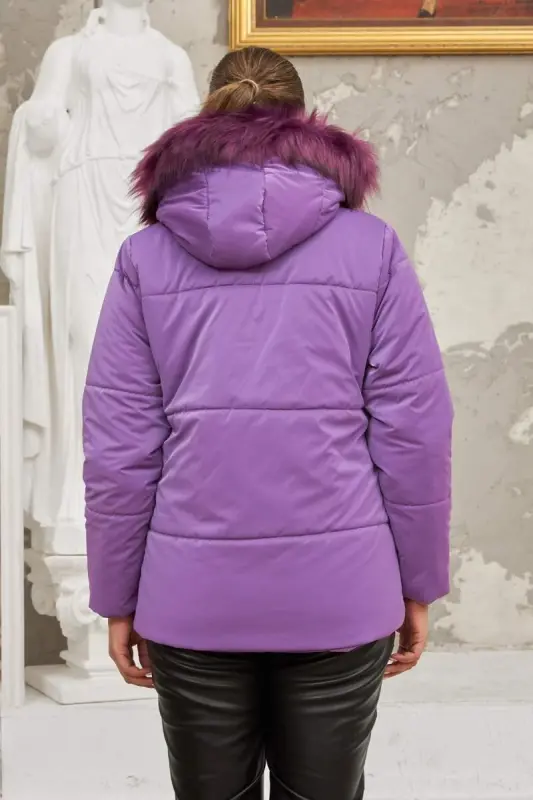 Hooded Shiny Fabric Plus Size Purple Puffer Jacket - 4