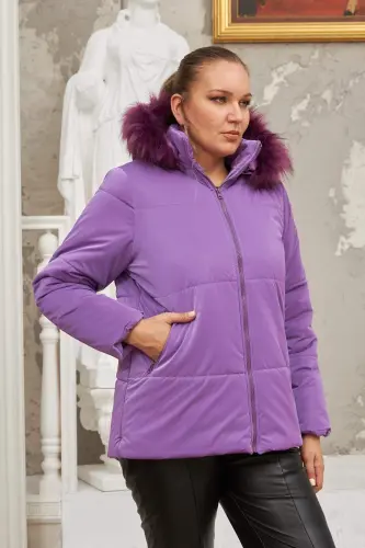 Hooded Shiny Fabric Plus Size Purple Puffer Jacket - 3
