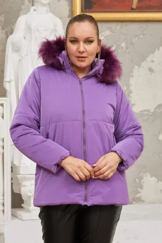 Hooded Shiny Fabric Plus Size Purple Puffer Jacket - 1