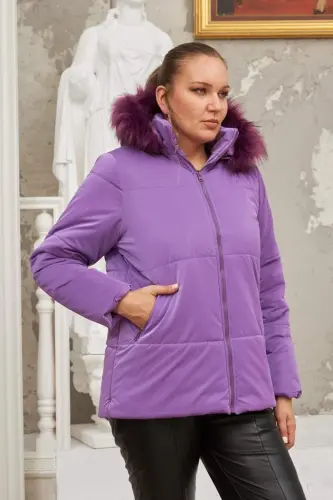 Hooded Shiny Fabric Plus Size Purple Puffer Jacket - 3