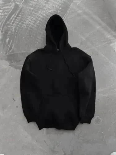 Hooded Three-Thread Combed Cotton Basic Sweatshirt - Black - BÜYÜKBEDENIZ (1)