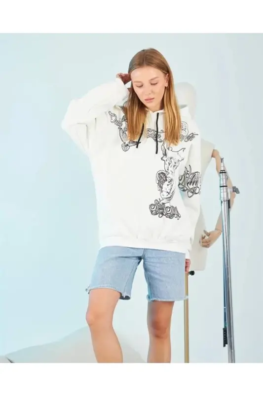 Hooded Three-Thread Sweatshirt - White Strong Sculpture Print, Comfort Fit, Kangaroo Pocket Modern Design - BÜYÜKBEDENIZ
