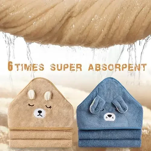 Hooded Towel for Baby, 2 Pack Coral Fleece and 9 Baby Washcloths, Soft and Absorbent Baby Towels Large 35.5x35.5 Inch Shower Towel Gift for Newborns, Infants and Toddlers (Navy Blue Dog+Brown Bear) - 4