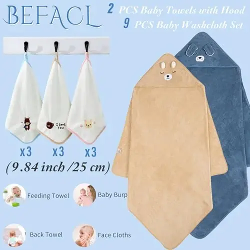 Hooded Towel for Baby, 2 Pack Coral Fleece and 9 Baby Washcloths, Soft and Absorbent Baby Towels Large 35.5x35.5 Inch Shower Towel Gift for Newborns, Infants and Toddlers (Navy Blue Dog+Brown Bear) - 6