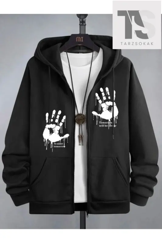 Hooded Unisex Black Hand Printed Zippered-black hand - ADRIFT