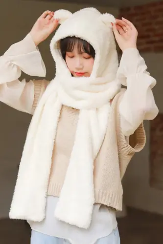 Hooded White Plush Beanie Scarf Women Welsoft Fleece Neck Warmer Scarf Windproof Earflap Hat 
