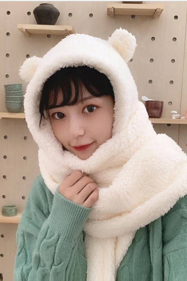 Hooded White Plush Beanie Scarf Women Welsoft Fleece Neck Warmer Scarf Windproof Earflap Hat - 16