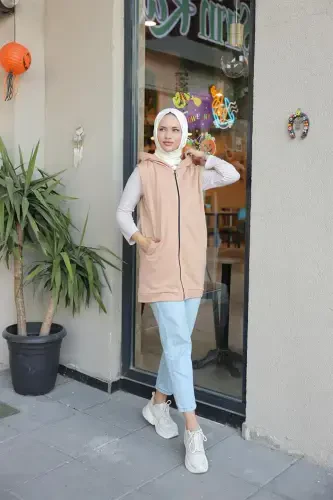 Hooded Women's Pocket Vest BRC2101 Latte-Latte - 1