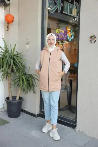 Hooded Women's Pocket Vest BRC2101 Latte-Latte - 3