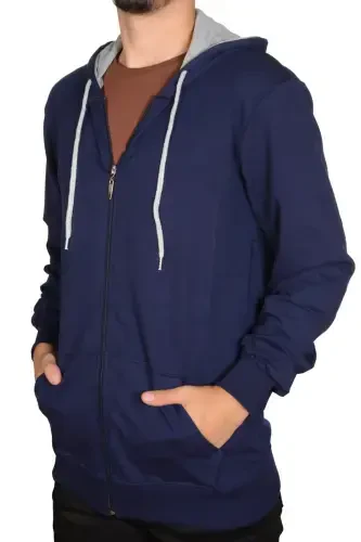 Hooded Zip-Up Sweat Cardigan-NAVY BLUE - 1