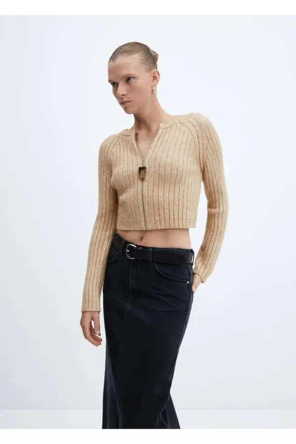 Hooded Zipper Detailed Ribbed Sweatshirt - 1