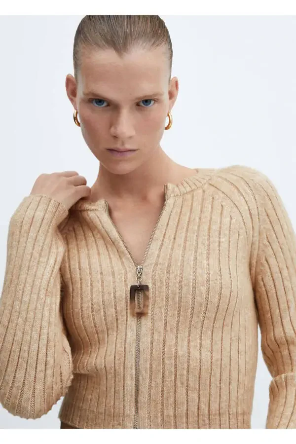 Hooded Zipper Detailed Ribbed Sweatshirt - 6