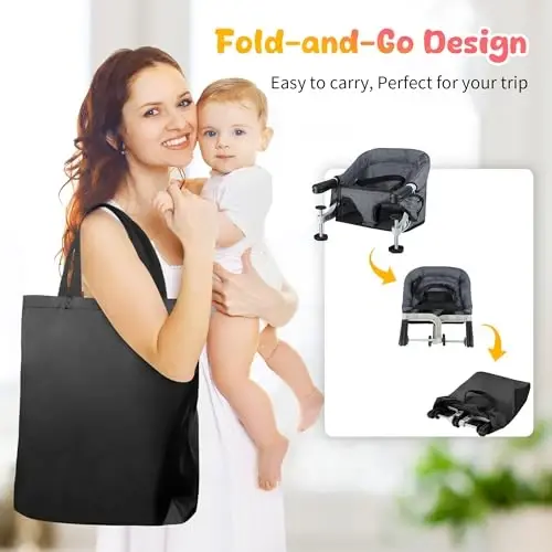 Hook On High Chair for Babies 6-36 Months - Portable Foldable Baby Feeding Seat with Carry Bag, Non-Slip Aluminum Clamp, Machine Washable Cover, BPA Free Booster Seat for Table (Grey) - 5
