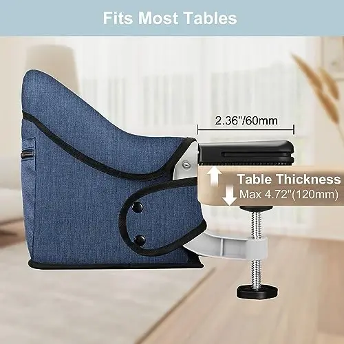 Hook On High Chair, Jozzve Clip on High Chair with Removable Dining Tray for Babies and Toddlers, Fold-Flat Storage Portable Baby Feeding Seat, Attach to Fast Table Chair for Home Travel (Navy) - 2