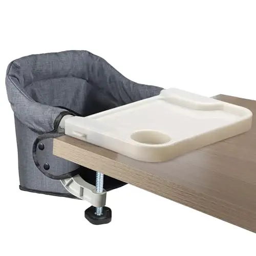 Hook On High Chair with Removable Tray for Babies 6-36 Months | Secure & Portable Foldable Travel High Chair | Clip On Baby Feeding Seat with Non-Slip Aluminum Clamp, Washable Cover & Carry Bag (Grey) - 1
