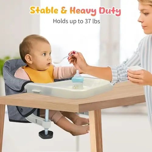 Hook On High Chair with Removable Tray for Babies 6-36 Months | Secure & Portable Foldable Travel High Chair | Clip On Baby Feeding Seat with Non-Slip Aluminum Clamp, Washable Cover & Carry Bag (Grey) - 4