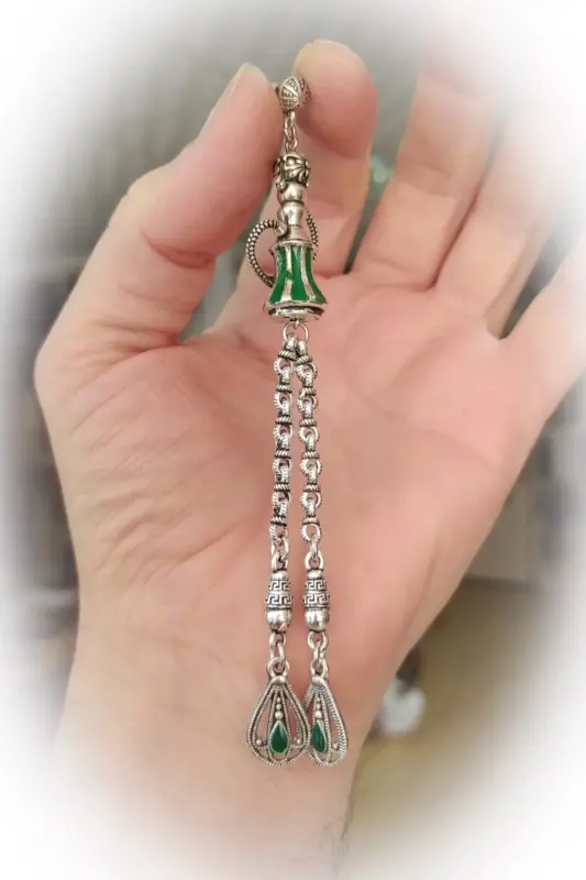 Hookah Model Green Enamel 925 Sterling Silver Coated Tassel-Green Dangle - VIP KEHRIBAR