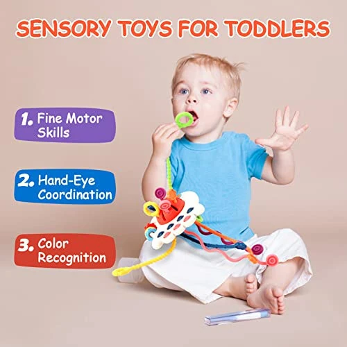 Hooku Montessori Toys for 1 Year Old, Sensory Toys for Babies, Food Grade Silicone Pull String Activity Toy, Fine Motor Toys, Baby Travel Toys, Toddler Baby Girl Boy Gifts - 3