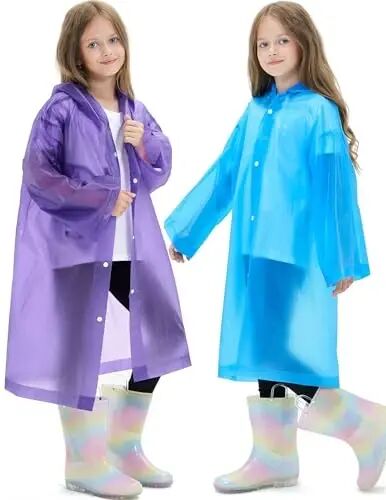 HOOMBOOM 2 Pack Reusable Waterproof Raincoat EVA Emergency Rain Ponchos One Size Rain Jacket for Children, Boys and Girls - HOOMBOOM