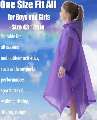 HOOMBOOM Rain Poncho for Kids(2 Pack) Waterproof Reusable EVA Raincoat One Size Rain Jackets for Children,Boys and Girls - 4