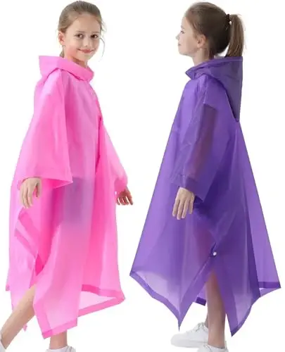 HOOMBOOM Rain Poncho for Kids(2 Pack) Waterproof Reusable EVA Raincoat One Size Rain Jackets for Children,Boys and Girls - 2