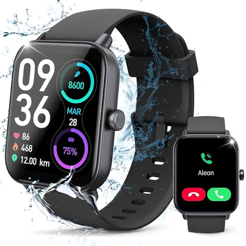 Hoowel Akıllı Saat Erkek/Kadın, 1.8'' Alexa Dahili Fitness İzleme Saati Bluetooth Aramalarla, IP68 Su Geçirmez, Kalp Ritmi/Uyku/SpO2/Stres Monitörü, Android ve iPhone için 100+ Spor Modu - 1