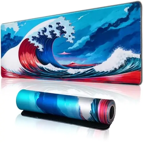 Hopipad Japanese Style Waves Large Gaming Mouse Pad for Desk, Desk Mat with Seamed Edges, Waterproof Desk Pad, Non-Slip Rubber Base, 31.5x11.8 Inch Keyboard Pad Computer Mat, Big XL Mousepad - HOPIPAD