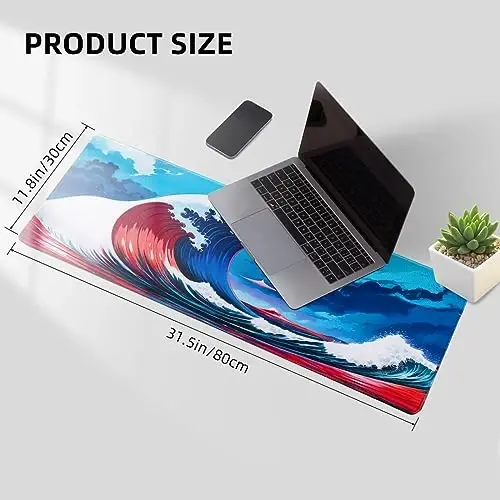 Hopipad Japanese Style Waves Large Gaming Mouse Pad for Desk, Desk Mat with Seamed Edges, Waterproof Desk Pad, Non-Slip Rubber Base, 31.5x11.8 Inch Keyboard Pad Computer Mat, Big XL Mousepad - 5