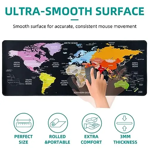 Hopipad World Map Large Gaming Mouse Pad for Desk, Desk Mat with Seamed Edges, Waterproof Desk Pad, Non-Slip Rubber Base, 31.5x11.8 Inch Keyboard Pad Computer Mat, Big XL Mousepad - 3