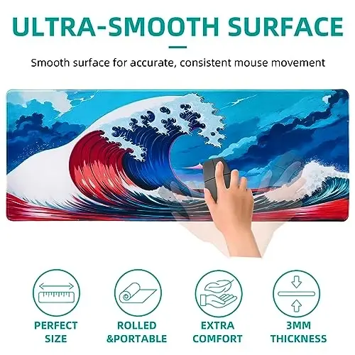 Hopipad Yapon uslubidagi to'lqinlar Katta o'yin sichqonchasi uchun gilamchasi, Stol uchun tikilgan qirrali gilamcha, Suv o'tkazmaydigan stol gilamchasi, Sirpanmaydigan kauchuk asos, 31,5x11,8 dyuymli klaviatura kompyuter gilamchasi, Katta XL sichqoncha gilamchasi - 3